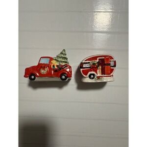 Red Truck Camper‎ Salt Pepper Shakers Christmas Holiday Ceramic
